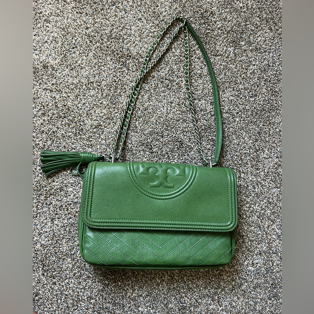 Tory Burch Fleming Small Convertible Shoulder Bag Green Chevron